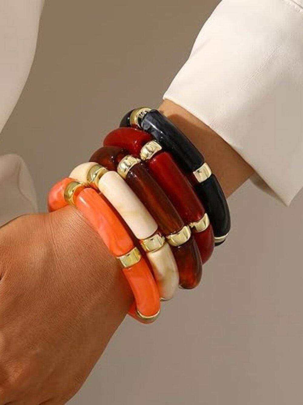 5 pc Acrylic‎ Bangle Bracelets Resin Bamboo Stretchy Bracelet Set Chunky